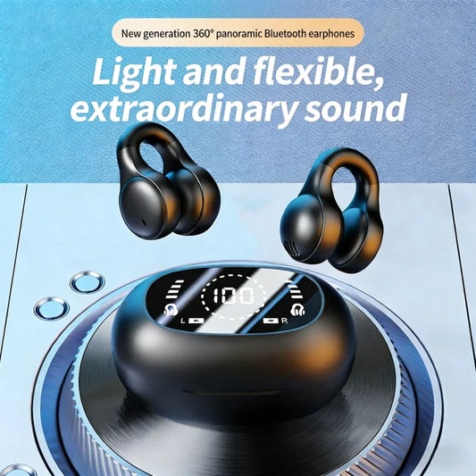 Sports Bluetooth Ear Clip Headphones – LED Mirror, HiFi Lossless Sound, Noise Cancelling, Soft Silicone