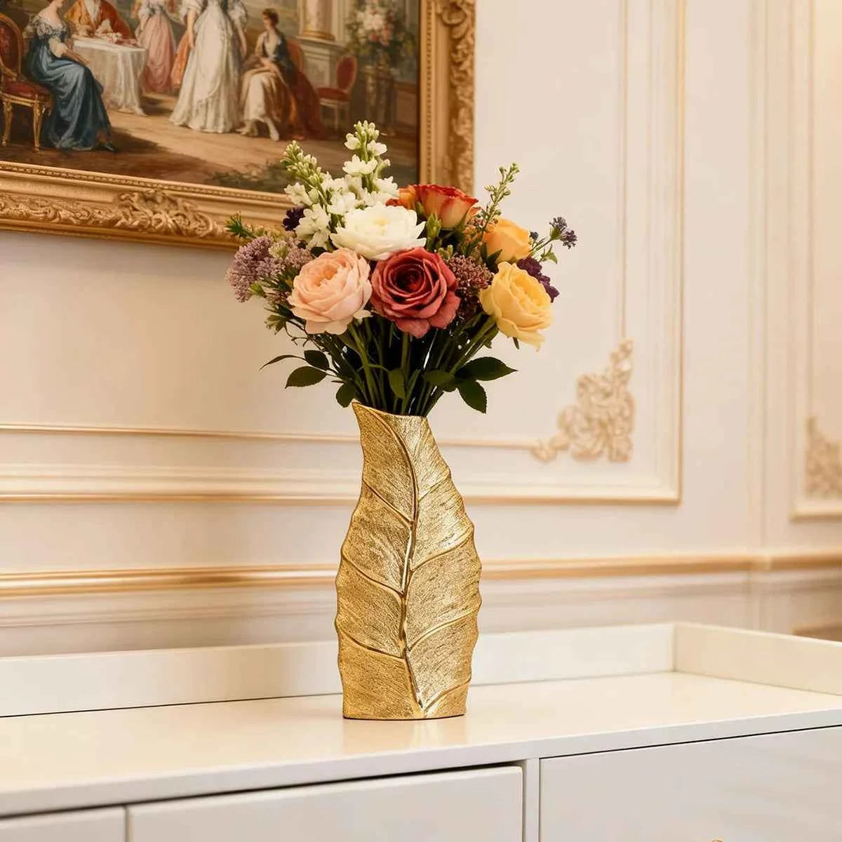 Golden Leaf Vase European-style Home Decor Ceramic Vase Living Room Entrance Hall Craft Decorative Ornament Flower Holder