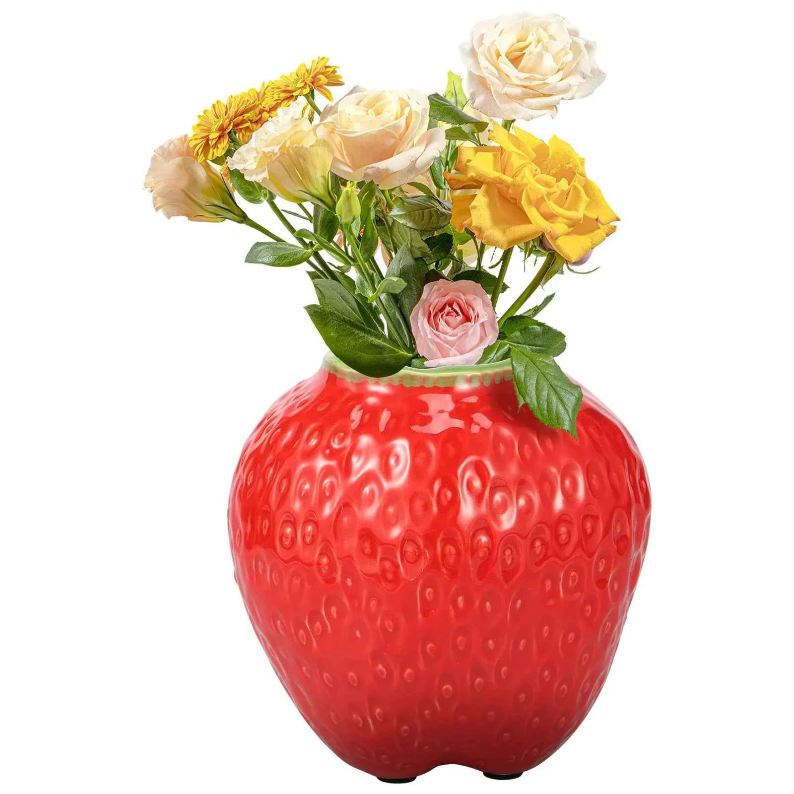 Strawberry Vase Ceramic Flower Vase Decorative Ceramic Vase Cute Strawberry Shape Vase Unique Vase for Flowers Realistic Vase