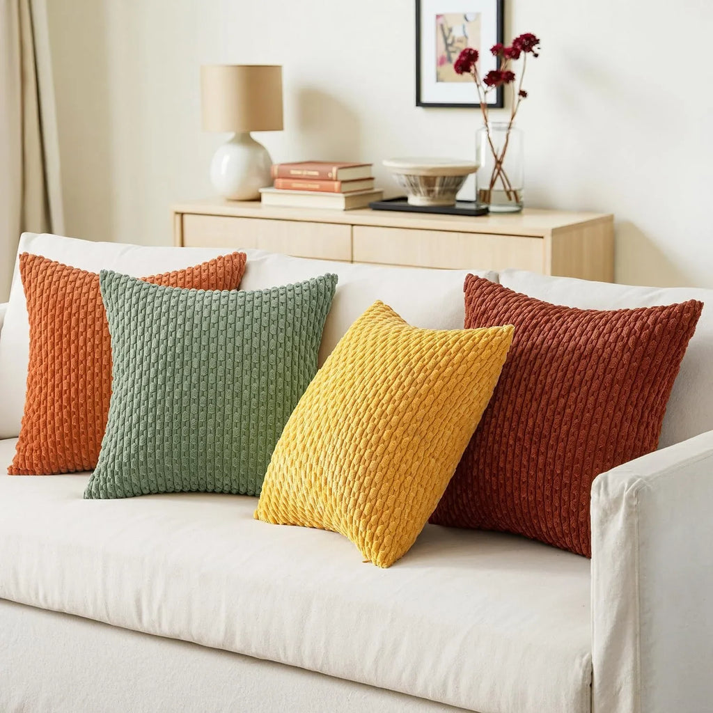 Burnt Orange Striped Corduroy Cushion Cover
