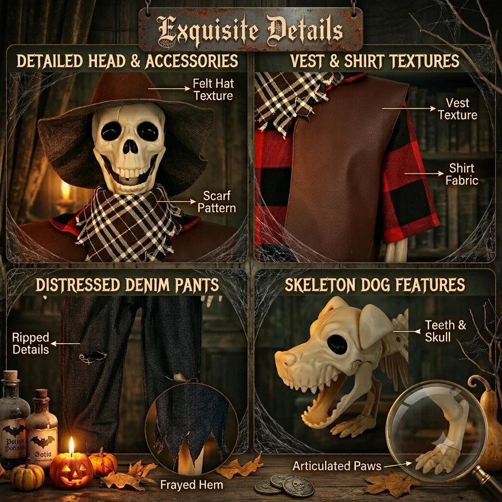 36" Halloween Skeleton Decorations, Posable Skeleton & Dog Outdoor Decor Creepy Halloween Western Cowboy Themed Set, Plastic Skeleton Featuring Movable Joints, Indoor Outdoor Yard & Party Decor