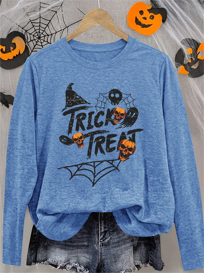 Women's Halloween Long Sleeve T-Shirt with Black Spider Web, Orange Pumpkin Skull & Witch Hat Print, Cute Creepy Funny Tee, Soft Casual Sporty Vacation Top, Trick or Treat Gift