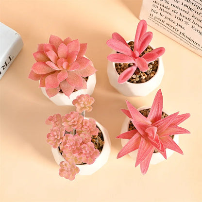 Pink Flocking Artificial Succulents Plants With Pot For Home Garden Decoration Fake Bonsai Flower Planta Artificial Accessories