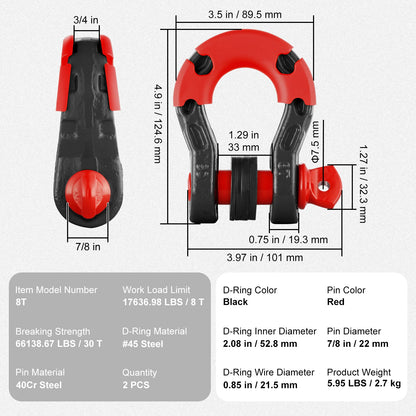 2pcs 3/4" D-Ring Shackle U-Hook Loop Shackles with 7/8" Pin Isolators & Washers for Jeep Off Road Vehicle Recovery