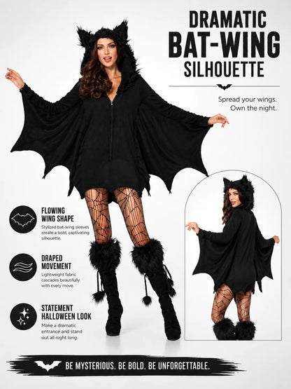 Women Cozy Bat Halloween Costume, Furry Cat Ear Hooded Zip‑Up Dress with Bat Wings, Vampire Animal Cosplay Outfit for Carnival Party