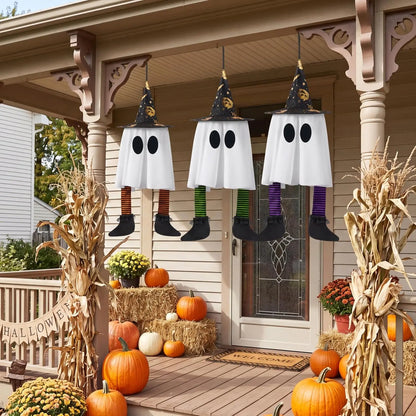 23.6'' 3Pcs Halloween Hanging Ghosts Decorations Outdoor, Warm Light Up Ghosts with Witch Hat & Timer, Flying Halloween Decorations for Yard Porch Lawn Party Supplies Tree Decor