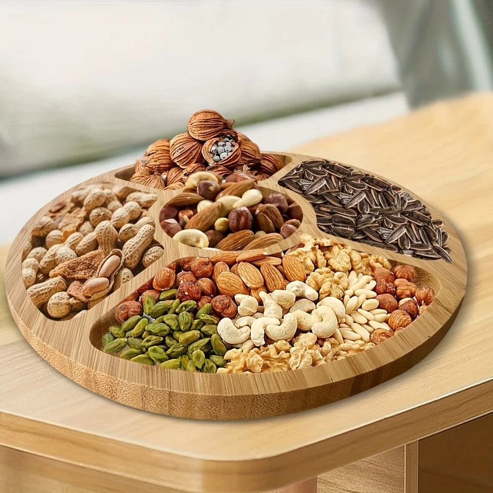 Wooden Divided Serving Trays Appetizer Tray 5 Dining Grids Snacks Bowls Round Serving Tray Serving Dishes Perfect for Parties