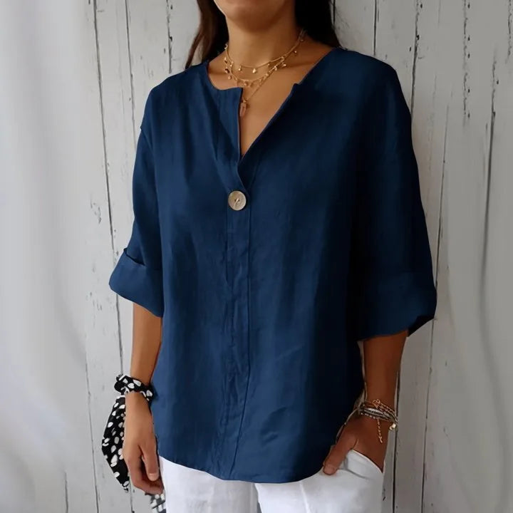 VEITCHE Women's V-Neck Button Shirt — 3/4 Sleeve Cotton Linen Top