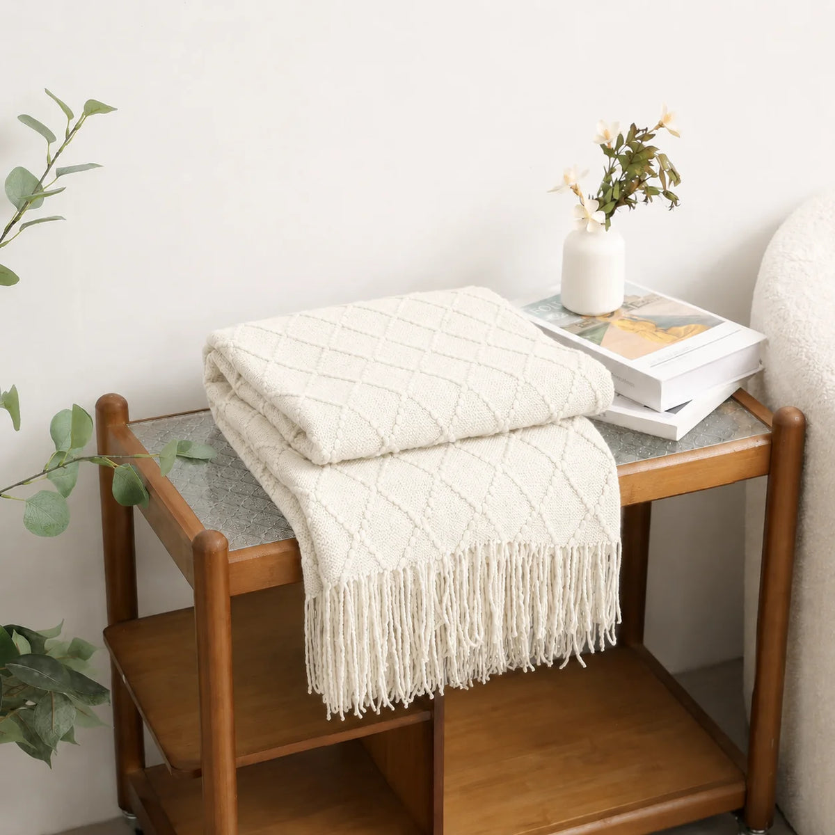Cream Popcorn Bobble Textured Knit Throw Blanket with Tassel Fringe, Soft Knitted Decorative Blanket, Lightweight Cozy Cover for Couch Sofa Bed, Boho Farmhouse Home Decor for Living Room Bedroom