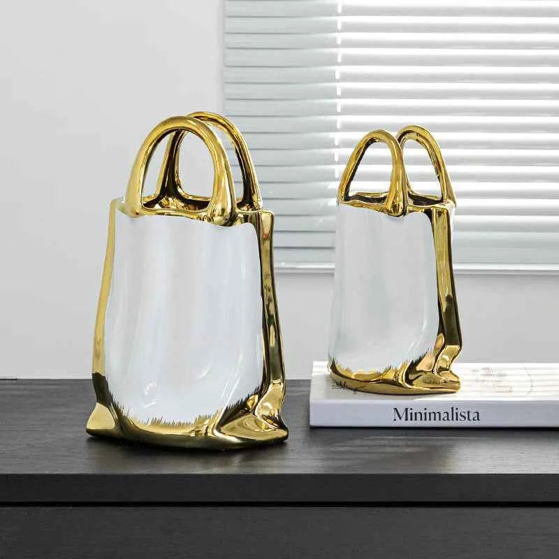 Handbag Shape Vase Gold-plated Ceramic Plant Pot Table Decoration Flower Arrangement Flowers Vases Room Aesthetic Decor