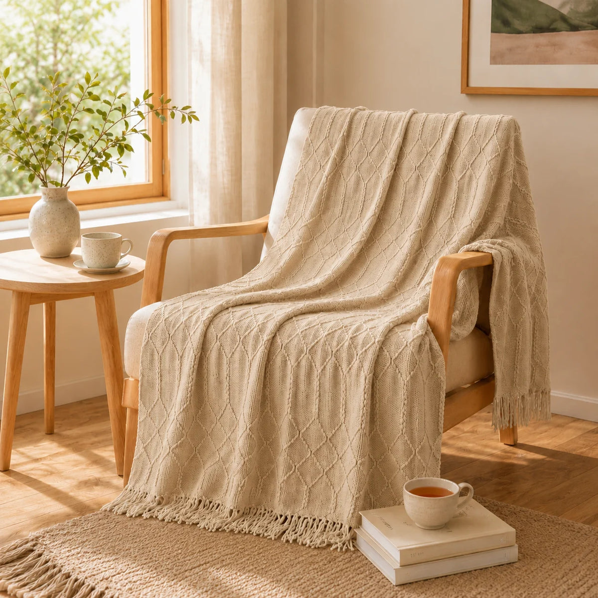 Sage Green Mixed Bobble Diamond Textured Knit Throw Blanket with Tassel Fringe, Soft Knitted Decorative Blanket, Lightweight Cozy Cover for Couch Sofa Bed, Boho Farmhouse Home Decor for Living Room Bedroom