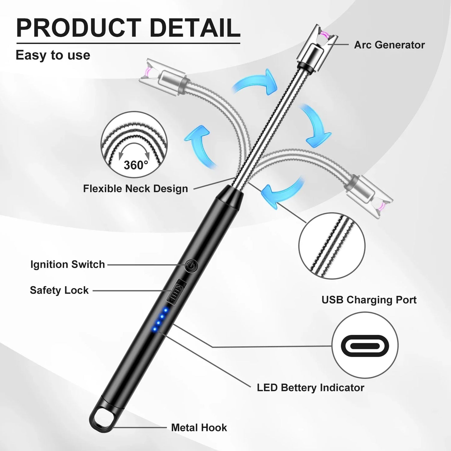 2 Pack Candle Arc Windproof Touch Lighter, USB Rechargeable Lighter with LED Battery Display, Gas Stove Long Lighters