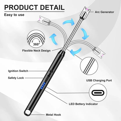 2 Pack Candle Arc Windproof Touch Lighter, USB Rechargeable Lighter with LED Battery Display, Gas Stove Long Lighters