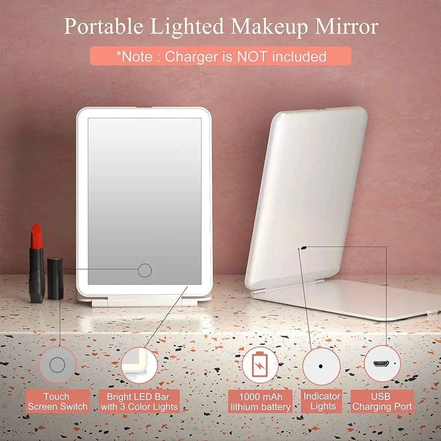 LED Foldable Travel Makeup Mirror 3 Colors Light Modes USB Rechargeable Touch Screen Portable Tabletop Cosmetic Mirror Handheld