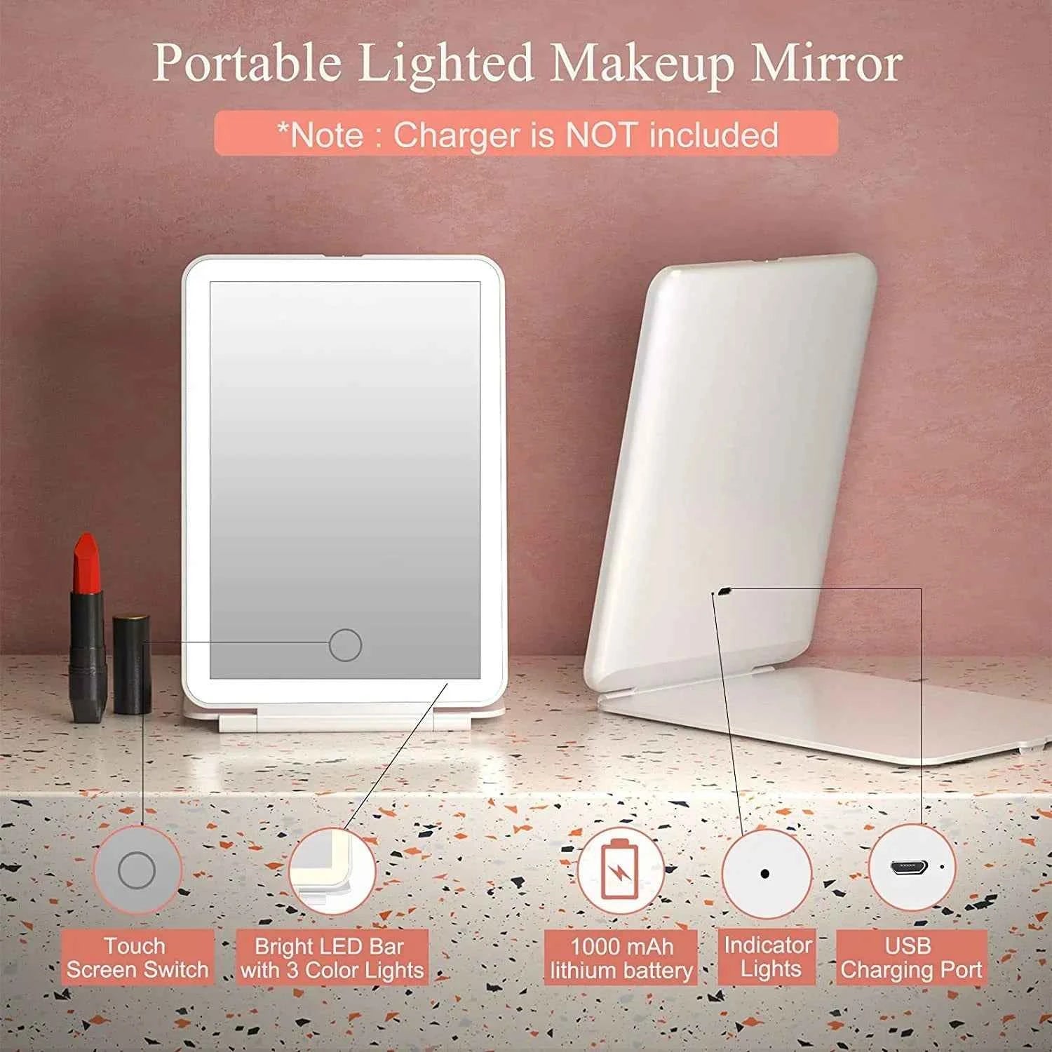 LED Foldable Travel Makeup Mirror 3 Colors Light Modes USB Rechargeable Touch Screen Portable Tabletop Cosmetic Mirror Handheld