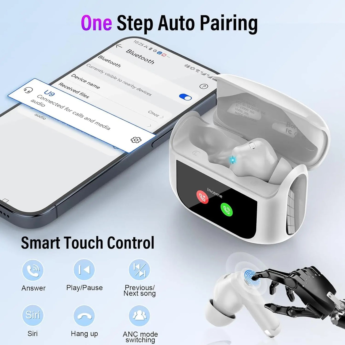 Smart Display Wireless Earbuds — 45dB ANC, Bluetooth 5.4, 48H Battery, IPX7