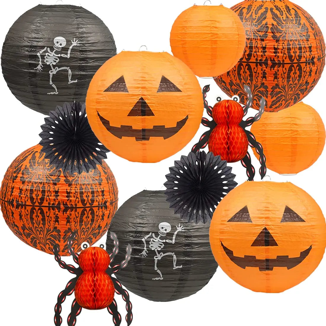12 Pack Halloween Paper Lantern Pumpkin Set, Black Orange
