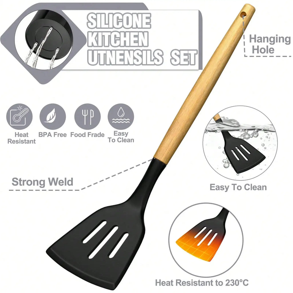 34-Piece Silicone Kitchen Utensils Set with Wooden Handles and Holder, Heat Resistant and Non-Stick Safe