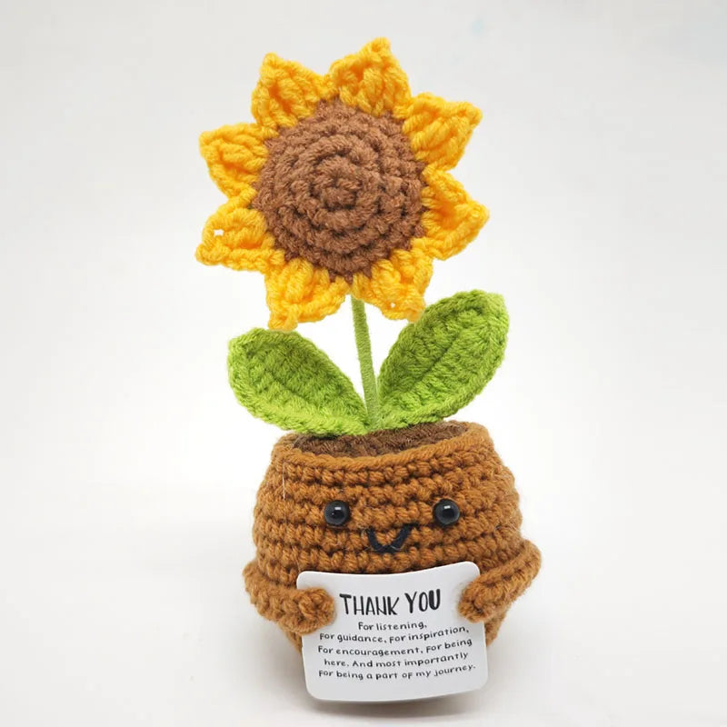 Crochet Flower Artificial Tulip Potted Finished Hand Woven Plants Knitted Sunflower Wedding Gift for Guests Home Decoration