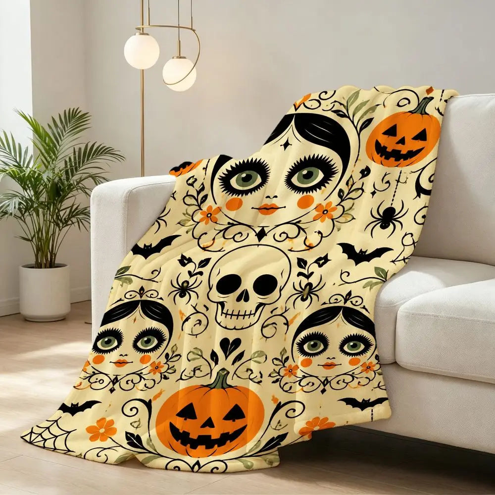 Whimsical Halloween Fleece Throw Blanket with Spooky Pumpkin Skull And Spiderweb Design Soft Warm Decorative Bed Sofa Blanket for Fall Home Decor Holiday Gifts for Friends