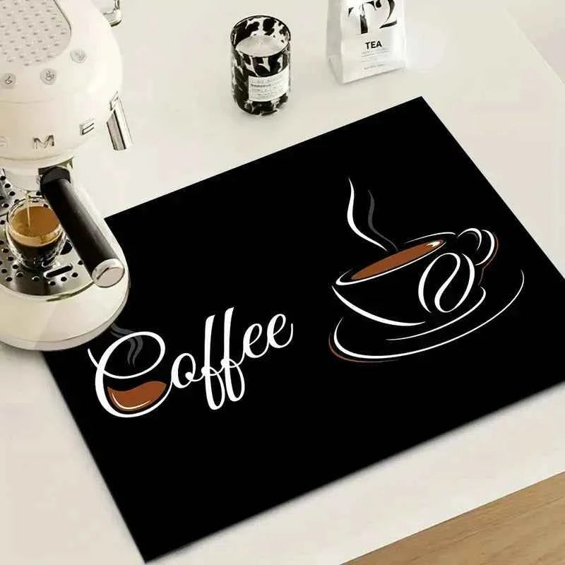 Creative Coffee Print Kitchen Drying Mat Soft Rubber Non-Slip Absorbent Stain-Resistant Mats for Coffee Bar Countertops Dish Mat