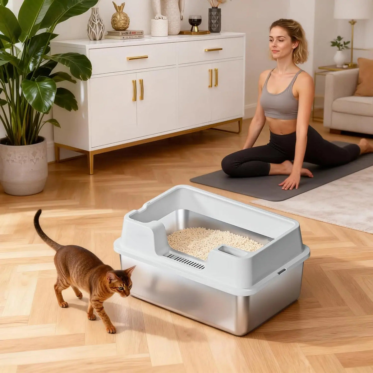 XL Stainless Steel Litter Box, High Wall Sides