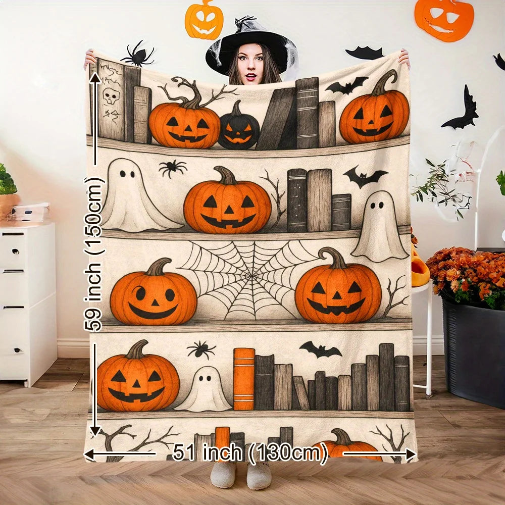 Halloween Blanket - Cute Cartoon Ghost, Magic Bookshelf, Spider Web, Bat, Pumpkin Designs - Soft And Warm Flannel Throw Blanket, Suitable for Camping, Travel, Car, And Home Decoration - A Warm Holiday Gift for Friends, Family