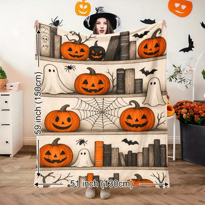 Halloween Blanket - Cute Cartoon Ghost, Magic Bookshelf, Spider Web, Bat, Pumpkin Designs - Soft And Warm Flannel Throw Blanket, Suitable for Camping, Travel, Car, And Home Decoration - A Warm Holiday Gift for Friends, Family