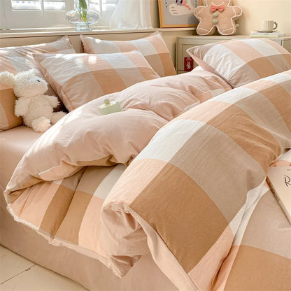 3/4 Pcs Blue Checkered Bedding Set Simple Style Soft Skin Friendly Duvet Cover Flat Sheet and Pillowcases Single Double Bed Sets