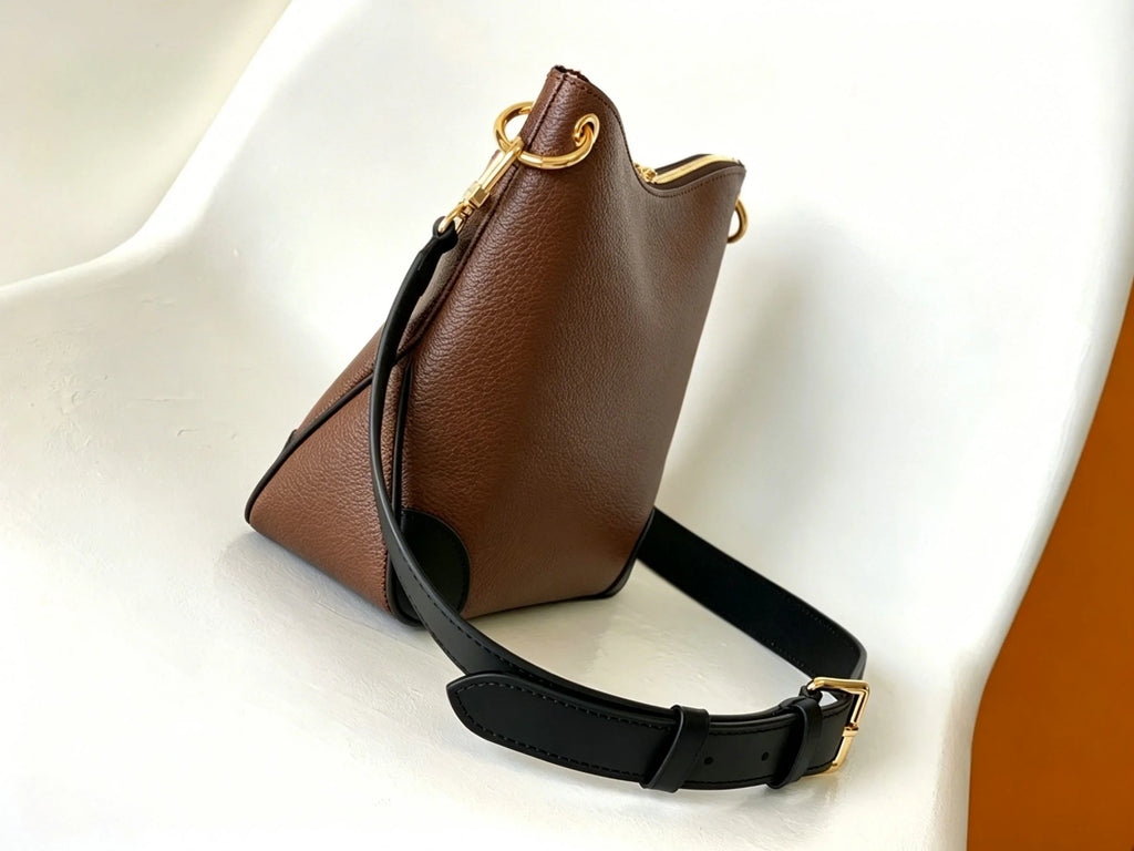 Brown Pebbled Leather Mini Bucket Bag, Black Trim