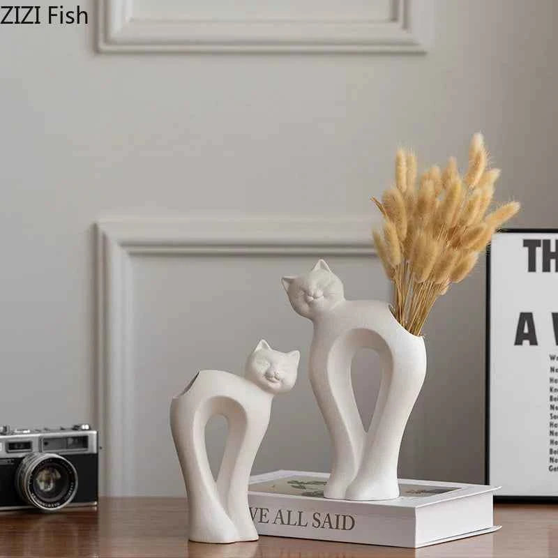 Twisted Cat Ceramic Vase Plant Pots Table Decoration Flowers Arrangement Lovely Kitten Floral Vases Room Aesthetic Decor
