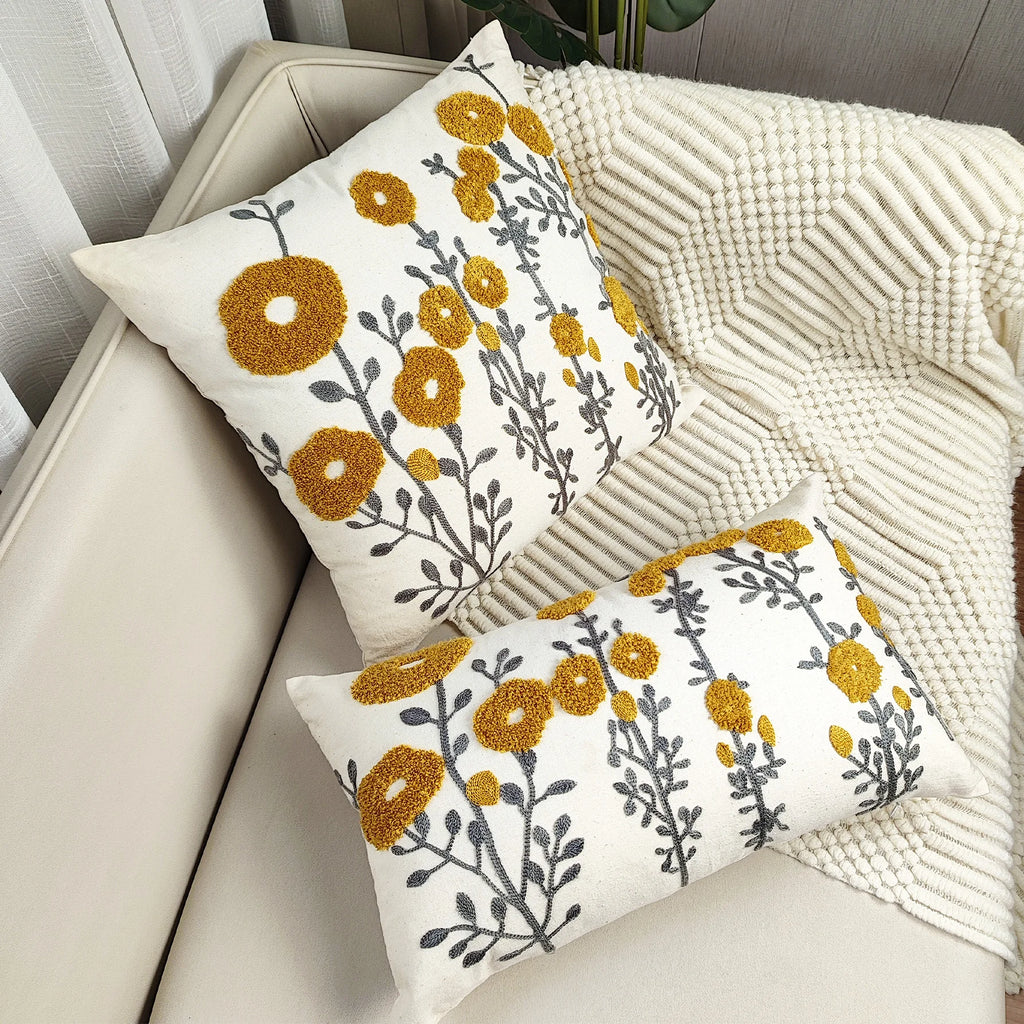 Boho Floral Tufted Embroidery Cushion Cover