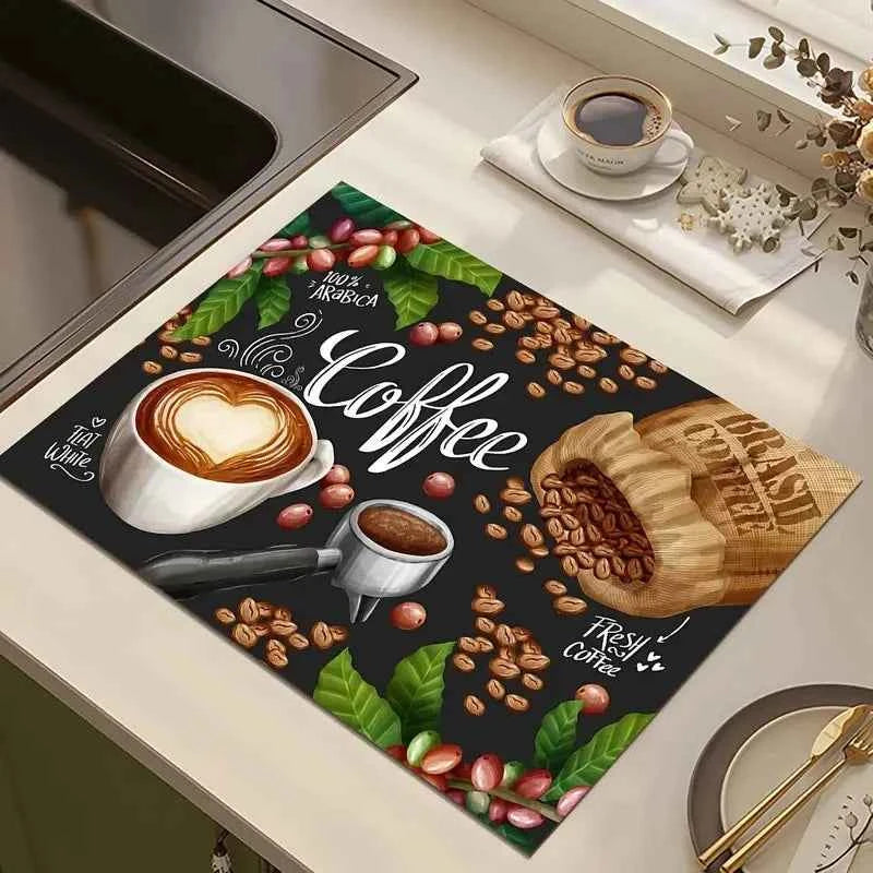 Creative Coffee Print Kitchen Drying Mat Soft Rubber Non-Slip Absorbent Stain-Resistant Mats for Coffee Bar Countertops Dish Mat