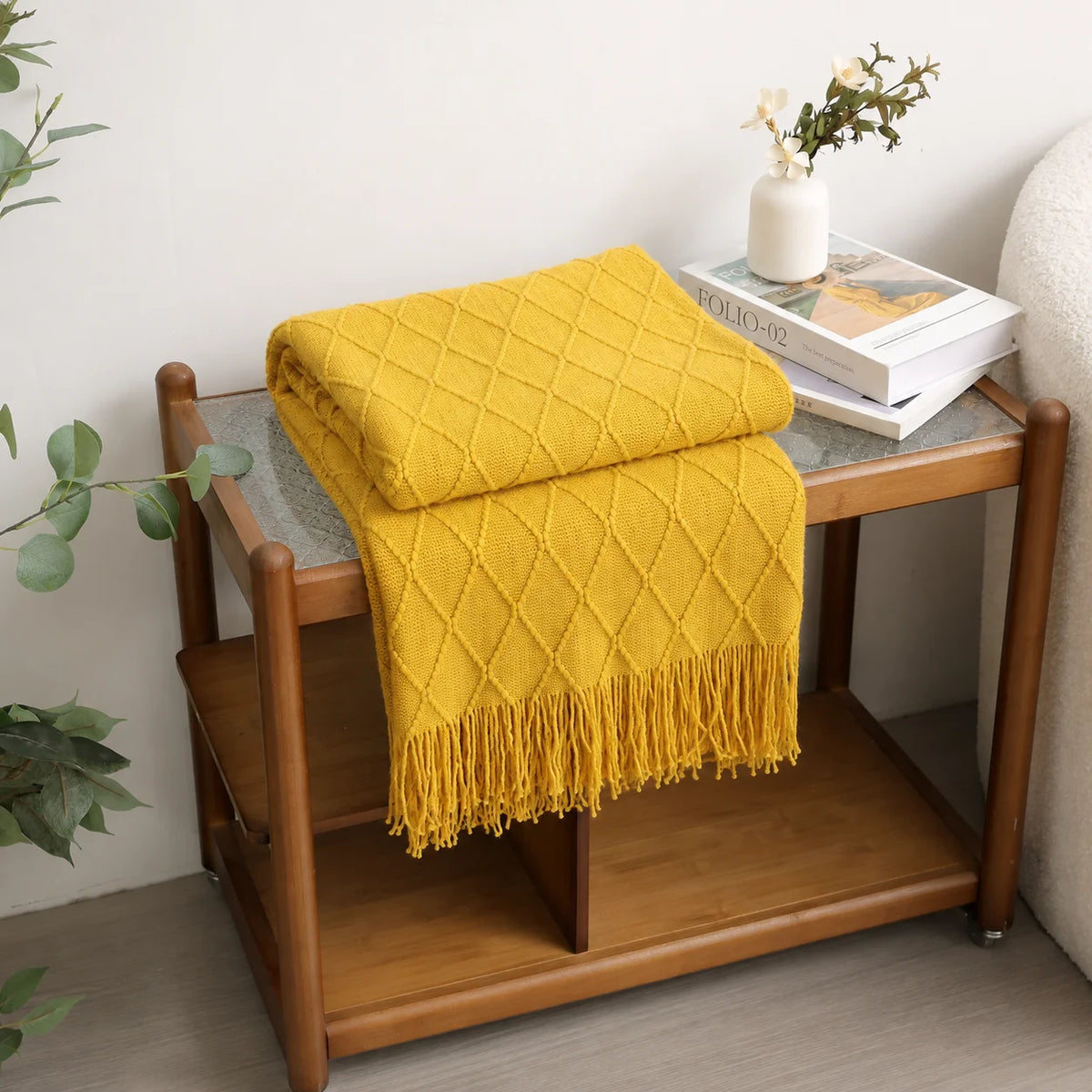 Cream Popcorn Bobble Textured Knit Throw Blanket with Tassel Fringe, Soft Knitted Decorative Blanket, Lightweight Cozy Cover for Couch Sofa Bed, Boho Farmhouse Home Decor for Living Room Bedroom