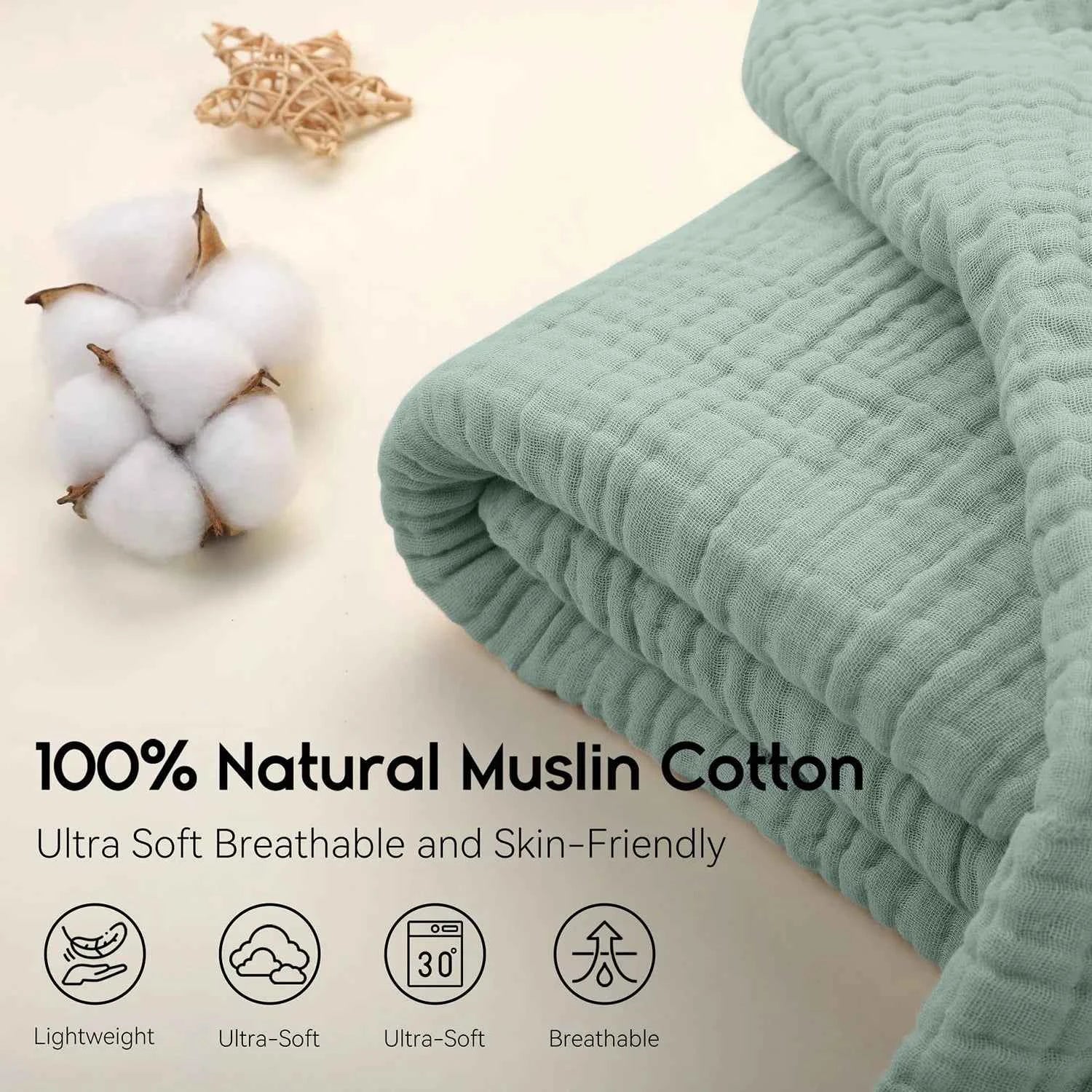 Battilo 100% Cotton Muslin Throw Blanket for Sofa 6 Layer Breathable Lightweight Boho Throws for Couch Bed Large Summer Blankets
