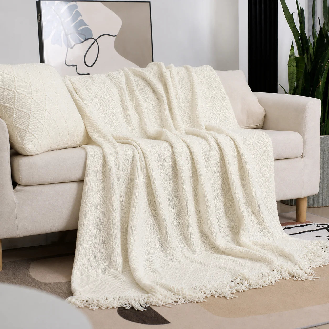Beige Openwork Textured Knit Throw Blanket with Tassel Fringe, Soft Knitted Decorative Blanket, Lightweight Cozy Cover for Couch Sofa Bed, Boho Farmhouse Home Decor for Living Room Bedroom