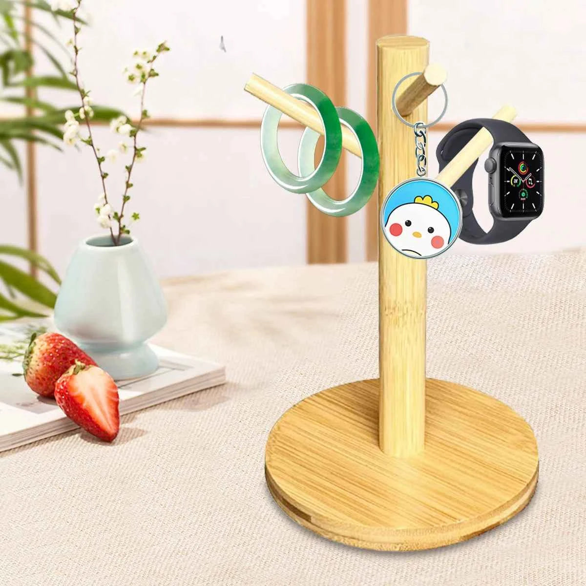 Mug Tree Holder - Bamboo Coffee Cup Rack with 3/6 Hooks, Non-Slip Kitchen Organizer for Counter, Perfect for Home & Cafe Decor