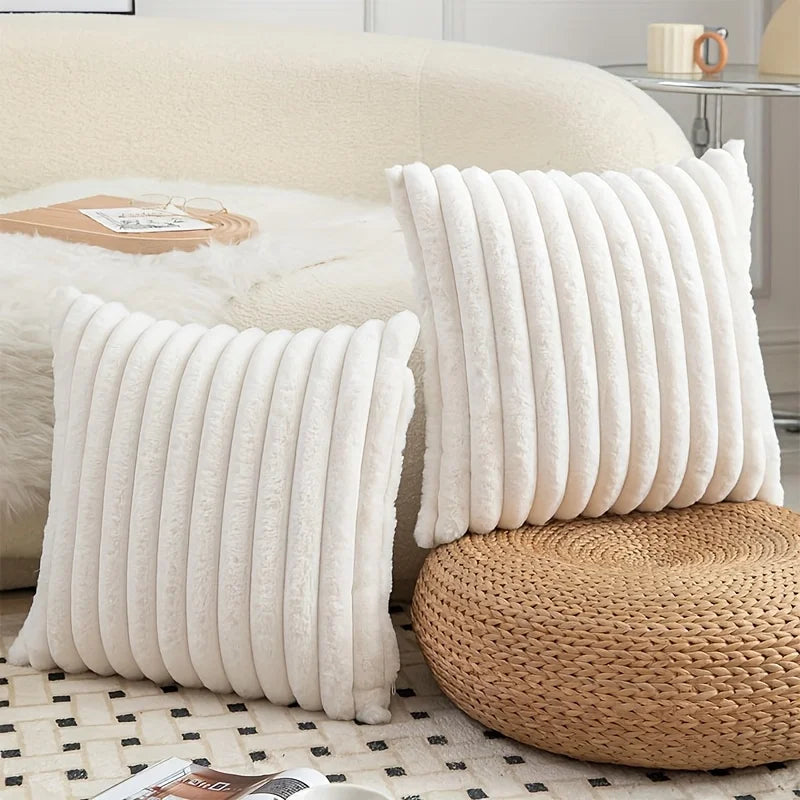 Fuzzy Striped Plush Throw Pillow Cover, Green
