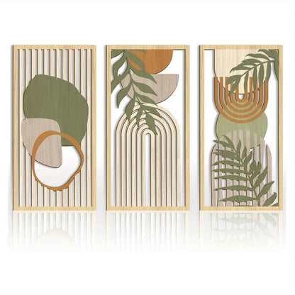 3PCS Sage Green Abstract Wooden Wall Art, Geometric Wood Wall Sculptures, Modern Artwork Neutral Wall Decor