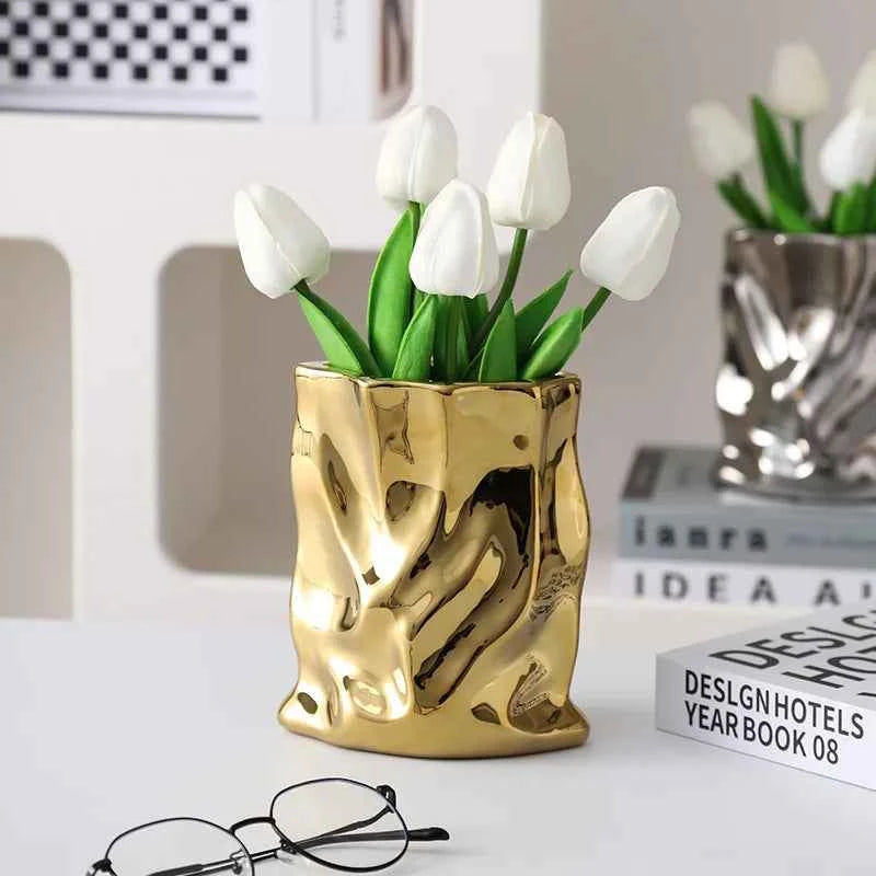 Nordic Ceramic Irregular Vase Electroplating Vase Living Room Office Decoration Simple Modern Flower Arrangement Home Decoration