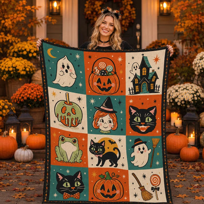 Retro 50s Halloween Sherpa Blanket, Vintage Midcentury Cute Ghost Fleece Throw, Kawaii Halloween Blanket Gift