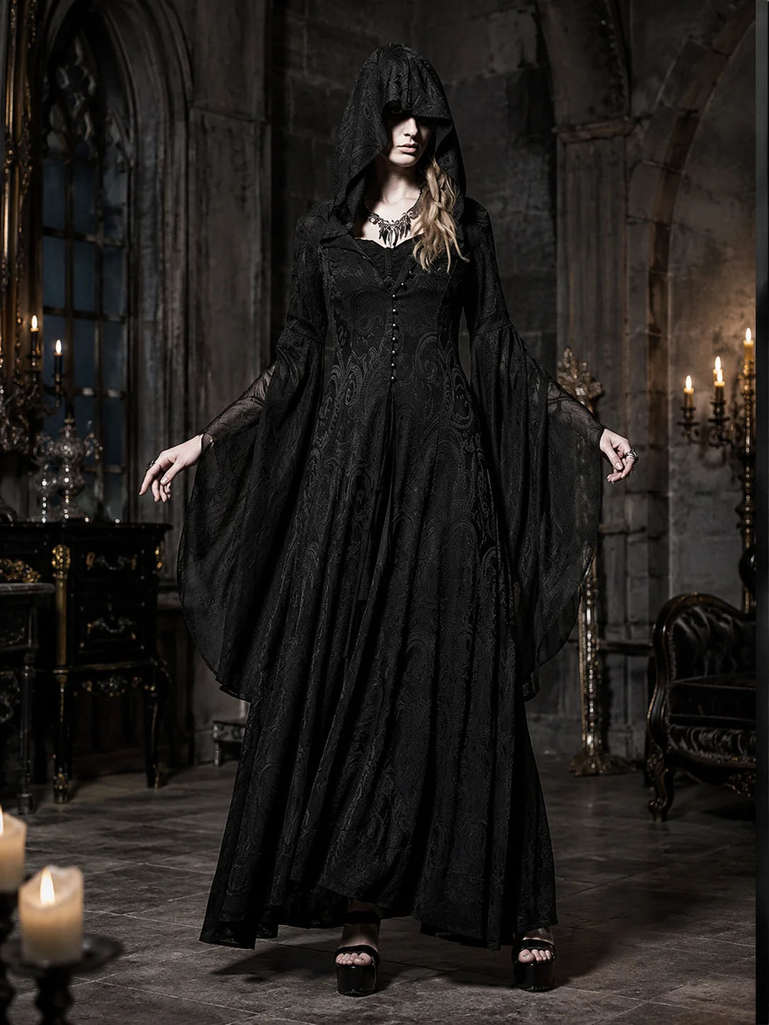 Women Gothic Witch Hooded Maxi Dress Bell Long Sleeve Jacquard Mesh V‑Neck Button Front Floor‑Length Gown Halloween Cosplay Costume for Party Carnival