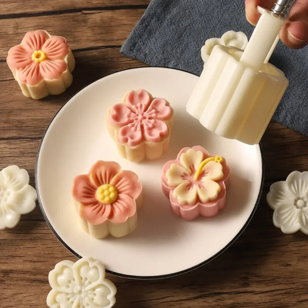 1 Set DIY Mooncake Mold Flower Shape Pastry Cake Mold Pastry Embossing Make Hand Pressure Plastic Baking Accessories Tool