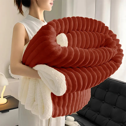 1pc Weighted Sherpa Fleece Blanket -Soft, Warm Faux Rabbit Fur Softness, Beige & White Striped Contemporary Bedspread for Bed