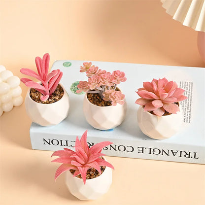 Pink Flocking Artificial Succulents Plants With Pot For Home Garden Decoration Fake Bonsai Flower Planta Artificial Accessories
