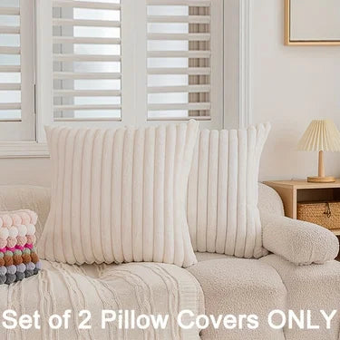 Fuzzy Striped Plush Throw Pillow Cover, Green