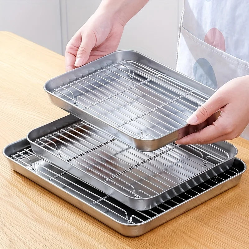 304 Stainless Steel Fruit Cake BBQ Tray Removable Cooling Rack Nonstick Barbecue Tray Square Baking Plate Kitchen Baking Tray
