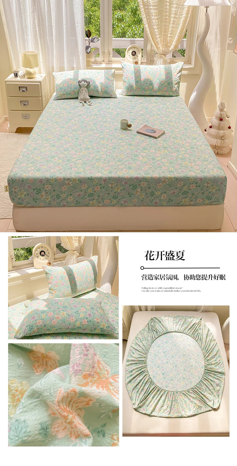 Green Floral Fitted Bed Sheet | Single, Queen, King
