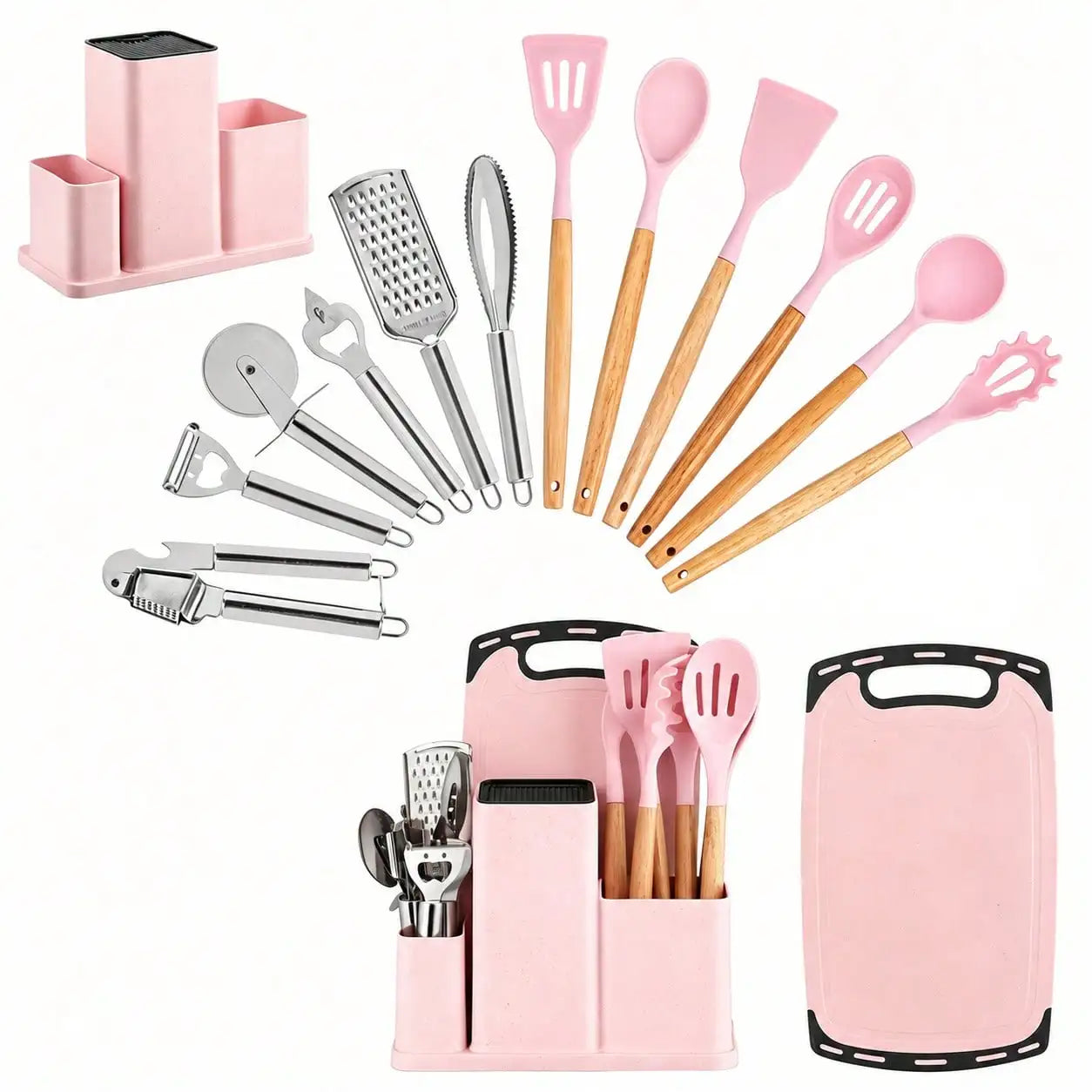 14-Piece Pink Silicone Kitchen Utensils Set with Wooden Handle, Cutting Board and Holder Rack