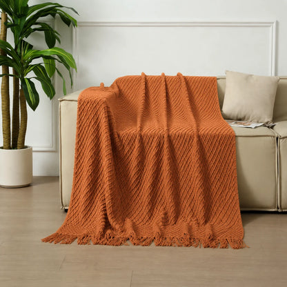 Dark Green Geometric Bobble Textured Knit Throw Blanket with Tassel Fringe, Soft Knitted Decorative Blanket, Lightweight Cozy Cover for Couch Sofa Bed, Boho Farmhouse Home Decor for Living Room Bedroom